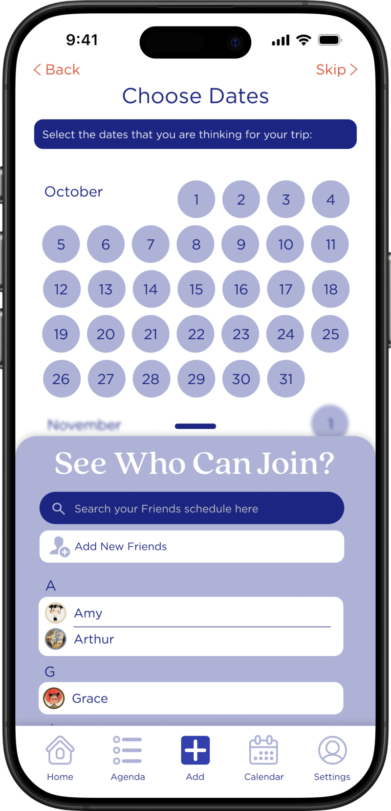 Start A New Trip - Add Friends And Check Calendar Step 1